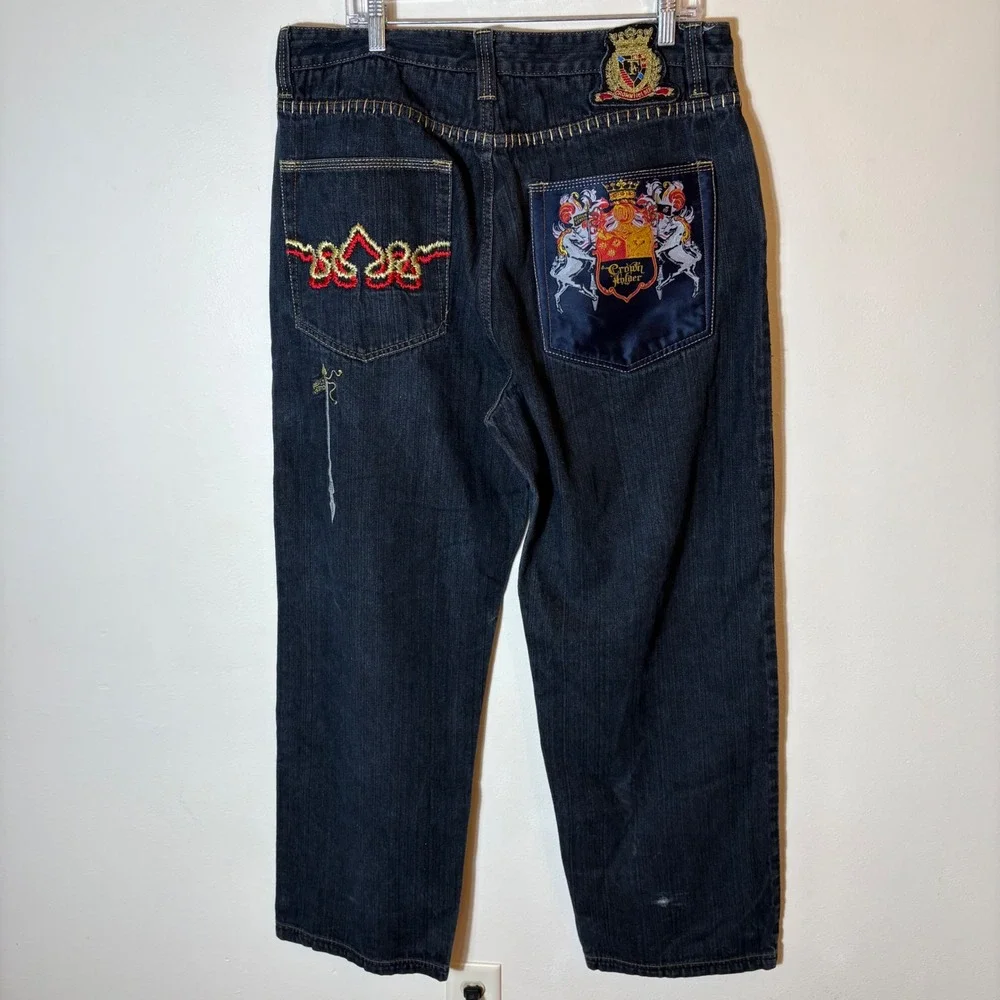 Crown Holder Embroidered Dark Wash Jeans‎ Size 38 Crest & Royal Embellishments